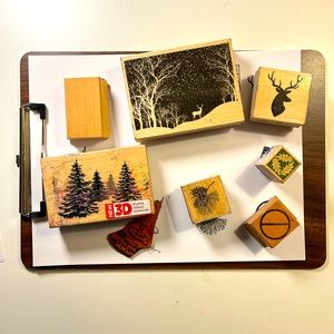 Rubber Stamp Collection Forest Woods Trees Camping Pinecones Deer Antlers Stars